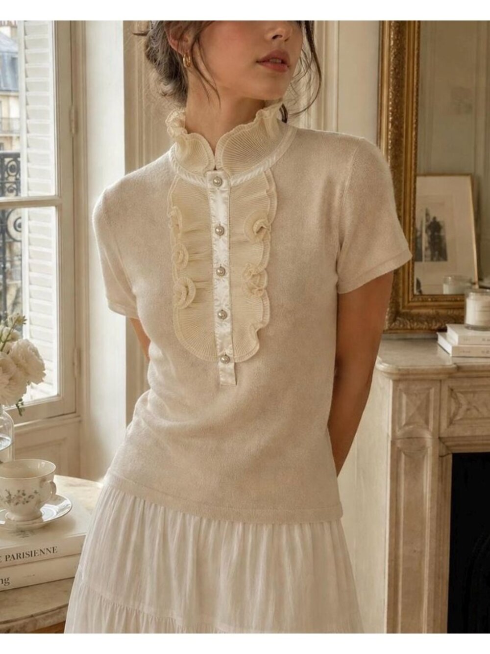 Vintage Y2K Adrienne Vittadini Studio Ruffle Sweater Top Ivory Romantic Coquette